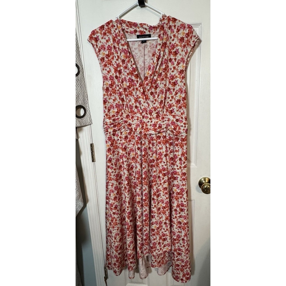 Perceptions New York Red Pink Floral Dress Sleeveless V Neck Wrap Look Midii XL